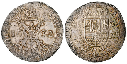 1084002 SPANISH NETHERLANDS. Brabant. 1632-(hand) AR Patagon. NGC MS63.  Antwerp. Crowned shield of Philip IV in fleece collar / …DVX BVRG BRAB Zc. Crown above crossed scepters divides date to either side; fleece hung below. KM 53.1; Dav.-4462.
Cu...