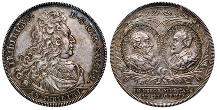 1087182 SWEDEN. Frederick I. 1721 L-C (Lorentz Careelberg, Mintmaster) AR Riksdaler. NGC MS62.  By Johann Carl Hedlinger (Eng.). Stockholm Mint. Edge: GLORIA IN EXCELSIS DEO. FRIDERICVS · D · G · REX · ... Bust right / Facing busts within cameo, G...