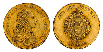 1085925 SWEDEN. Gustaf IV Adolf. 1808 OL AV Ducat. NGC MS62.  Stockholm. 3.48gm. GUSTAF · IV · ADOLPH · SV · ... Armored bust right / GUD OCH FOLKET ·. Crowned, round arms within order chain, divided date below. KM 542; Fr.-77; SM-19; Delzanno 18....