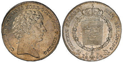 1087181 SWEDEN. Carl XIV Johan. 1824 CB AR Riksdaler. NGC MS64+.  By Lars Grandel. Stockholm Mint. Edge: MANIBVS NE LAEDAR AVARIS - "May I not be harmed by avaricious hands". CARL XIV SVERIGES... Head right / Crowned shield within order chain divi...