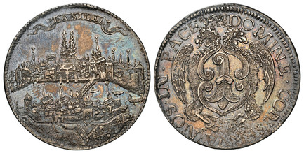 1087430 SWISS CANTONS. Basel. (c.1670-1690) ND AR 1/2 Thaler. NGC AU58.  14.09gm. DOMINE CONSERVA NOS IN PACE. Arms in ornate cartouche between two basilisks / City view with Cathedral in center; "BASILEA" in banner above. Winterstein 172 (Thaler)...