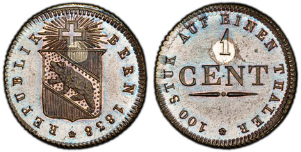 1085450 SWISS CANTONS. Bern. 1838 CU Pattern Cent. PCGS SP66BN (Brown).  Edge: Diagonally milled. 3.86gm. Bear in shield, radiant cross above / Value. KM Pn25; Richter (Proben) 1-246; D.T. 50a; HMZ 2-241b.

These are the last coins minted by the C...