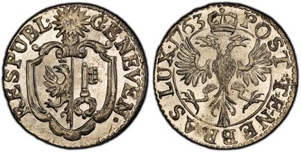1085565 SWISS CANTONS. Geneva. 1763 Billon 9 Deniers, 3 Quarts. PCGS MS67.  GENEVEN · RESPUBL ·. Sun above arms / POST TENEBRAS LUX. Crowned double-headed eagle within circle. KM 78; D.T. 1021b; HMZ 2-350f.

Please use this link to verify the PCGS...
