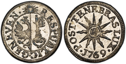1085567 SWISS CANTONS. Geneva. 1769 Billon 6 Deniers, 2 Quarts. PCGS MS66.  GENEVEN · RESPUBLIC ·. Arms within circle, sun above / · POSTTENEBRASLUX ·. IHS in center of sun. KM 79; D.T. 1026g; HMZ 2-351s.

Please use this link to verify the PCGS c...