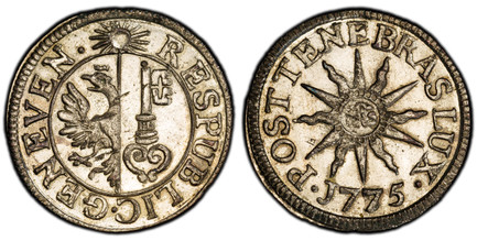1085568 SWISS CANTONS. Geneva. 1775 Billon 6 Deniers, 2 Quarts. PCGS MS65.  GENEVEN · RESPUBLIC ·. Arms within circle, sun above / · POSTTENEBRASLUX ·. IHS in center of sun. KM 79; D.T. 1026i; HMZ 2-351u.

Please use this link to verify the PCGS c...