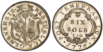 1085570 SWISS CANTONS. Geneva. 1776 IG Billon 6 Sols. PCGS MS65.  GENEVENSIS · RESPUBLICA. Ornate arms, IHS in sun above / POST TENEBRAS LUX. Value within cartouche, date below. KM 82; D.T. 1012c; HMZ 2-346c.

Please use this link to verify the PC...