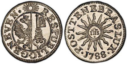 1085569 SWISS CANTONS. Geneva. 1788 Billon 6 Deniers, 2 Quarts. PCGS MS67.  GENEVEN · RESPUBLIC ·. Arms within circle, sun above / · POSTTENEBRASLUX ·. IHS in center of sun. KM 79; D.T. 1026m; HMZ 2-351x.

Please use this link to verify the PCGS c...