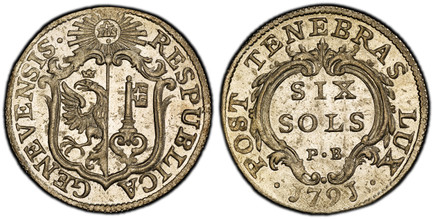 1085571 SWISS CANTONS. Geneva. 1791 PB Billon 6 Sols. PCGS MS65.  GENEVENSIS · RESPUBLICA. Ornate arms, IHS in sun above / POST TENEBRAS LUX. Value within cartouche, date below. KM 82; D.T. 1012d; HMZ 2-346d.

Please use this link to verify the PC...