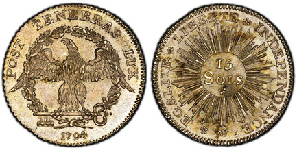 1085457 SWISS CANTONS. Geneva. 1794-(five petal rosette) W AR 15 Sols. PCGS MS64.  Dies by Wielandy. Edge: Diagonally milled. 2.99gm. POST TENEBRAS LUX. Displayed eagle within wreath, date below / EGALITE LIBERTE INDEPENDANCE. Value in center of r...