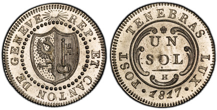 1085575 SWISS CANTONS. Geneva. 1817 H Billon Sol. PCGS MS65.  REP ET CANTON DE GENEVE. Arms on pointed shield within beaded circle / POST TENEBRAS LUX. Value within circle. KM 116; D.T. 272; HMZ 2-359a.

Please use this link to verify the PCGS cer...
