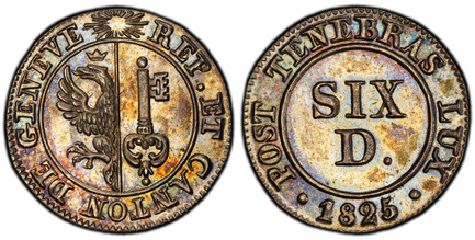 1085438 SWISS CANTONS. Geneva. 1825 AR 6 Deniers. PCGS SP64.  0.90gm. Arms within beaded circle / Value within beaded circle. KM 118a; Demole 657; D.T. 276b variant; Richter (Proben) 1-447; HMZ 2-360c.

Presentation strike in fine silver (listed a...