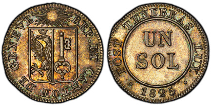 1085459 SWISS CANTONS. Geneva. 1825 AR Pattern Sol. PCGS SP65.  1.16gm. Arms on square shield / Value within circle. KM 120a; Richter (Proben) 1-446 (This coins); D.T. 274a, Anm; HMZ 2-359c, Anm.

Presentation strike in fine silver (listed as a pa...