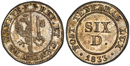 1085439 SWISS CANTONS. Geneva. 1833 AR 6 Deniers. PCGS SP64.  0.93gm. Arms within beaded circle / Value within beaded circle. KM 118a; Demole 657; D.T. 276c variant; Richter (Proben) 1-451; HMZ 2-360d.

Presentation strike in fine silver (listed a...