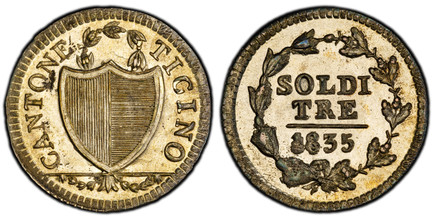 1085440 SWISS CANTONS. Ticino. 1835 Billon 3 Soldi. PCGS MS65.  1.74gm. CANTONE TICINO. Shield, wreath above, garland in exergue / Value and date within wreath. KM 2; D.T. 218d; HMZ 2-928c.

Please use this link to verify the PCGS certification nu...
