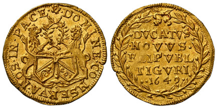1087431 SWISS CANTONS. Zurich. 1649 AV Ducat. NGC MS64.  3.48gm. Shields of arms with supporters holding entwined braches / Four-line legend and date within closed wreath. KM 69; Fr.-459; D.T.-1054c; HMZ 2-1138l.

Currently the finest known at NGC...