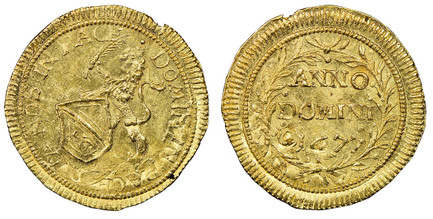 1087271 SWISS CANTONS. Zurich. 1677 AV 1/2 Ducat. NGC MS64.  Lion holding arms and palm branch / ANNO / DOMINI /. Inscription, date in laurel wreath. KM 99; Fr.-467; HMZ-2-1141o.

Please use this link to verify the NGC certification number <a href...
