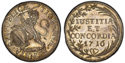 1085441 SWISS CANTONS. Zurich. 1716 AR Thaler. PCGS AU58.  27.94gm. MONETA REIPUBLICÆ TIGURINÆ. Oval arms of Zurich supported by rampant lion at right / IUSTITIA/ET/CONCORDIA, date within palm and laurel branch. KM 135; D.T. 419d; HMZ 2-1164i; cr....