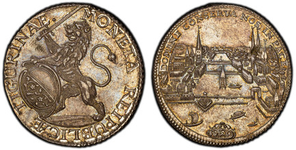 1085460 SWISS CANTONS. Zurich. 1729 AR Thaler. PCGS AU58.  27.19gm. MONETA REIPUBLICÆ TIGURINAE. Oval arms of Zurich supported by rampant lion at right / DOMINE CONSERVA NOS IN PACE. City view, date in cartouche below. KM 143.2; Dav.-1787; D.T. 42...