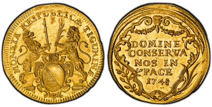 1085908 SWISS CANTONS. Zurich. 1745/retrograde 5 AV 2 Ducats. PCGS MS61.  6.73gm. MONETA REIPUBLICÆ TIGURINÆ. Oval arms of Zurich in baroque frame, supported by rampant lions / DOMINE / CONSERVA / NOS IN / PACE. Inscription, date within ornamented...