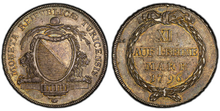 1085444 SWISS CANTONS. Zurich. 1796 AR Thaler. PCGS AU55.  25.32gm. MONETA REIPUBLICÆ TURICENSIS. Laurel, palm sprigs, hat and garland above oval arms of Zurich, flanked by lion heads on thick mantle / XXII/AVFIFEINE/MARK, date within rope wreath....