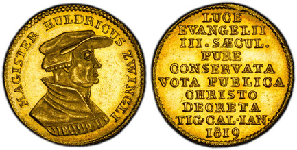 1085445 SWISS CANTONS. Zurich. 1819 AV Ducat. PCGS MS63.  3.43gm. Bust right of Magister Zwingli / 9-line legend and date. KM X-M2; Fr.-490; HMZ 2-1171b.

Medallic Coinage.

Please use this link to verify the PCGS certification number <a href="htt...