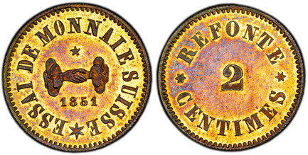 1085898 SWITZERLAND. 1851 Brass Pattern 2 Rappen. PCGS SP64.  Monnaie de Paris. Edge: Reeded. 2.66gm. ESSAI DE MONNAIE SUISSE *. Design in center divides star and date / REFONTE// 2/ CENTIMES. Value. Richter (proben) 2-38.

Please use this link to...