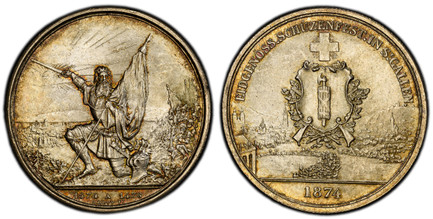 1085448 SWITZERLAND. 1874 AR 5 Francs (Shooting Thaler). PCGS MS66.  25.02gm. Canton arms above city view / Kneeling rifleman with flag. KM X-S12; Richter 1156a; HMZ 2-1343j; Dav.-386.

For the Federal Shooting Festival held in St. Gallen Canton.
...