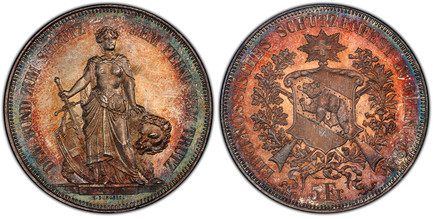 1087666 SWITZERLAND. Bern Canton. 1885 AR 5 Francs (Shooting Thaler). PCGS MS66+.  DEM BUND ZUM SCHUTZ DEM FEIND ZUM TRUTZ. Standing Helvetia with sword, heraldic shield and a bear to the side / EIDGENOSSISCHES SCHUTZENFEST IN BERN 1885. Cantonal ...