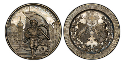 1085447 SWITZERLAND. Bern Canton, Biel. 1893 AR Shooting Medal. PCGS SP64.  By F. Homberg and R. Lanz. 39.12gm. WESTSCHWEIZERISCHES SCHÜTZENFEST IN BIEL. Two coats-of-arms; rayed Swiss cross above; all within wreath; 1893 below / TREU’U EHR’SIND U...