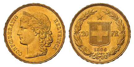 1085275 SWITZERLAND. 1896-B AV 20 Francs. NGC MS65.  Edge: DOMINUS XXX PROVIDEBIT XXXXXXXXXX. 21mm. 6.4516gm. CONFOEDERATIO HELVETICA. Crowned head left / Shield divides value, star above, date below, all within wreath. KM 31.3; Fr.-495.

Please u...
