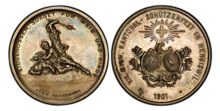 1086076 SWITZERLAND. Nidwalden Canton. 1901 By Jean Kauffmann Shooting Medal. PCGS SP65.  45.4mm. 38.17gm. XIX. NIDW. KANTONAL-SCHUTZENFEST IN HERGISWIL. Radiant Swiss cross above two oval shield of arms withing sprays; date below / EIDGENOSSEN, S...