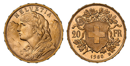 1085926 SWITZERLAND. 1930-B AV 20 Francs. NGC MS66PL (Prooflike).  Bern. 6.4516gm. HELVETIA. Young head left / Shield within oak branches divides value. KM 35.1; Fr.-499; HMZ 2-1195z.

Fully prooflike and noted as such by NGC.

Please use this lin...