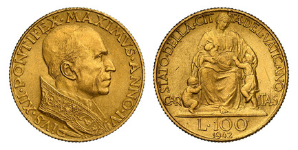 1085808 VATICAN CITY. Pius XII. (Pontiff, 1939-1958). 1942/IV AV 100 Lire. NGC MS62.  20.74mm. 5.18gm. Head right / Caritas seated facing flanked by children. KM 39; Fr.-287; Pagani 708; Gigante 100; Montenegro 511Bol. Vatican 30; Schl.-181.

Mint...