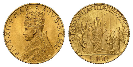 1086072 VATICAN CITY. Pius XII. (Pontiff, 1939-1958). MCML (1950) AV 100 Lire. NGC MS66.  5.19gm. Crowned bust left / Opening of the Holy Year Door. KM 48; Friedberg 289; Pagani 716; Bolzano Vatican 39; Gigante 108; Montenegro 519; Berman 3399; Sc...