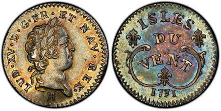 1087327 WINDWARD ISLANDS. Louis XV. 1731-H AR 12 Sols. PCGS MS64.  La Rochelle. 0gm. Young head of Louis XV right / Name above date. KM C-2; Lecompte 8.

Please use this link to verify the PCGS certification number <a href="http://www.pcgs.com/cer...
