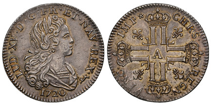 1087496 UNITED STATES, Colonial & Related. France. Louis XV. (King, 1715-1774). 1720-AA AR 1/3 Ecu (Petit Louis d'Argent). NGC MS62.  Metz. LUD · XV · D · G · FR · ET · NAV · REX ·. Young laureate bust, right / CHRS · REGN · VINC · IMP *. Crowned ...