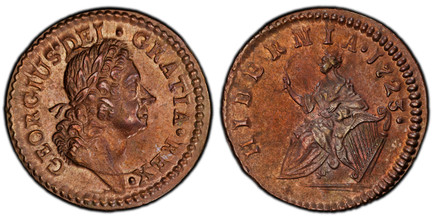 1086602 UNITED STATES, Colonial & Related. Ireland. 1723 CU Farthing. PCGS MS64BN (Brown).  ends: ...:DEI · GRATIA · REX ·. Bust, right; D in DEI joined to hair / Harp at right. KM 119; S-6604; Martin 3.3-Bc.2.

Please use this link to verify the ...
