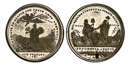 1086166 UNITED STATES OF AMERICA. Treaty of Versailles. 1783 White Metal (with CU Plug) Medal. PCGS MS63.  By J.Chr. Reich (Unsigned). 43mm. 26.08gm. SIC HOSTES CONCORDIA IVNGIT AMICOS. Figures of Britain and America, representing Peace and Libert...