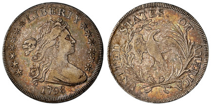 1084342 UNITED STATES OF AMERICA. 1798 AR Dollar. NGC VF30.  U.S. Mint, Philadelphia. LIBERTY. Draped bust right, flanked by stars, date below / UNITED STATES OF AMERICA. Heraldic eagle. KM 32; Bowers-Borckardt 82;  Milferd Bollender 1.

Variety w...