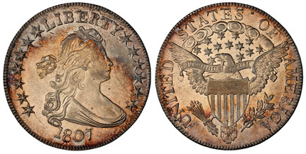 1084343 UNITED STATES OF AMERICA. 1807 AR Half Dollar. NGC MS62+.  U.S. Mint, Philadelphia. Draped bust left, flanked by stars, date at angle below / UNITED STATES OF AMERICA. 50 C. below eagle. KM 37; Overton 105a.

Currently the finest known at ...