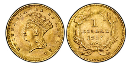 1085435 UNITED STATES OF AMERICA. 1857 AV Dollar. PCGS MS62  CAC.  U.S. Mint, Philadelphia. 15mm. 1.67gm. UNITED STATES OF AMERICA. Indian head with headdress left / Value, date within wreath. KM 86; Fr.-94.

Please use this link to verify the PCG...