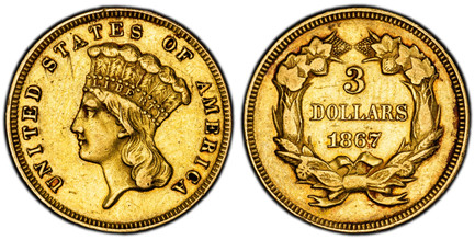 1085899 UNITED STATES OF AMERICA. 1867 AV $3 Dollars. PCGS XF45.  U.S. Mint, Philadelphia. 5.01gm. UNITED STATES OF AMERICA. Indian head with headdress, left / Value, date within wreath. KM 84; Fr.-124.

Please use this link to verify the PCGS cer...