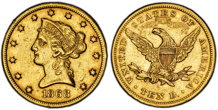 1085900 UNITED STATES OF AMERICA. 1868-S AV $10, Eagle. PCGS XF45.  U.S. Mint, San Francisco. 16.71gm. New-style head, left, within circle of stars / UNITED STATES OF AMERICA. IN GOD WE TRUST above eagle. KM 102; Fr.-145.

Please use this link to ...