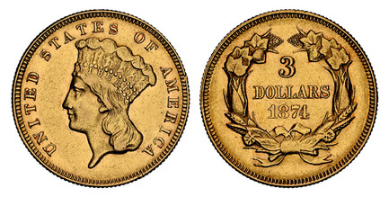1085663 UNITED STATES OF AMERICA. 1874 AV 3 Dollars. NGC AU58.  U.S. Mint, Philadelphia. UNITED STATES OF AMERICA. Indian head with headdress, left / Value, date within wreath. KM 84.

Please use this link to verify the NGC certification number <a...