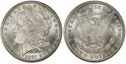 1085077 UNITED STATES OF AMERICA. 1881-CC AR Dollar. PCGS MS66  CAC.  U.S. Mint, Carson City. Edge: Reeded. E.PLURIBUS.UNUM. Laureate head left, date below flanked by stars / UNITED STATES OF AMERICA. Eagle within 1/2 wreath. KM 110.
Housed in an ...