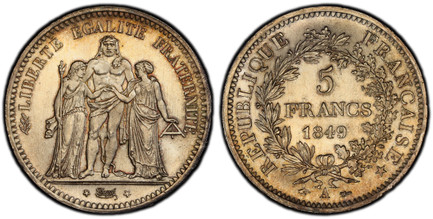 1086187 | FRANCE. Republic. (1848-1852). 1849-A AR 5 Francs. PCGS MS66. Paris. LIBERTÉ, ÉGALITÉ, FRATERNITÉ. Three standing figures. Hercules with two maidens. / REPUBLIQUE FRANCAISE (star). Denomination and date within wreath. KM-756.1; Dav.-92