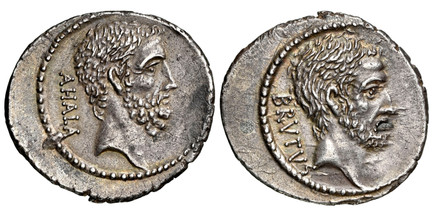1087636 ROMAN REPUBLICAN.  M. Junius Brutus. (d. 42 BC). Struck 56 BC. AR Denarius. NGC AU (About Uncirculated) Strike 5/5 Surface 3/5.  Rome. 21mm. 09gm. BRVTVS. Bare head of L. Junius Brutus, right / AHALA. Bare head of C. Servilius Ahala, right...