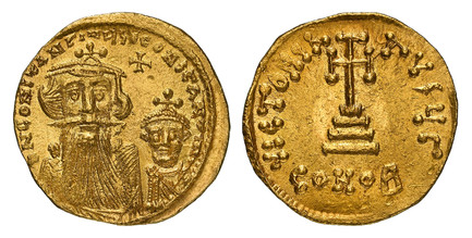 1087072 BYZANTINE.  Constans II and Constantine IV. (Co-Emperors, 654-668). Struck 654-668 AD. AV Solidus. NGC MS (Mint State) Strike 5/5 Surface 3/5 Slight Bend.  Constantinople, 3rd officina. 4.45gm. Facing busts of Constans II on left with long...