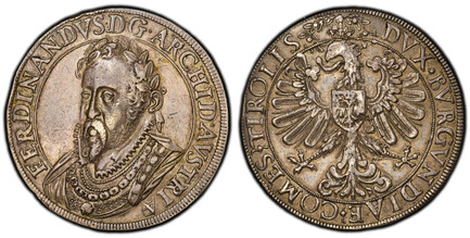 1087392 AUSTRIAN STATES. Tyrol. Ferdinand II. (1601-04) AR 2 Taler. PCGS AU50.  By Peter Hartenbeck. Hall. 44mm. 57.43gm. FERDINANDVS•DG ARCHID•AVSTRIAE. Laureate portrait facing to left; wearing order chain of the Golden Fleece, truncation of bus...