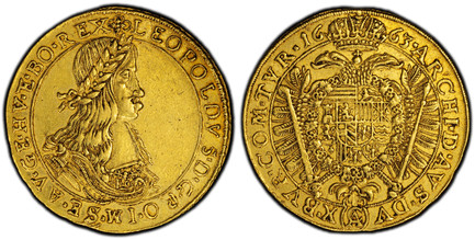 1087427 AUSTRIA. Leopold I. 1663 AC AV 5 Ducats. PCGS AU53.  By Andrea Cetto (Mintmaster 1660-1665). Vienna. 17.18gm. LEOPOLDVS DG R.... Laureate bust right / ARCHD · AVS · D · BVR · COM · TIRO. Crowned imperial eagle. KM A1203; Fr.-262; Herinek 8...